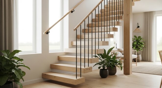 A stunning open riser timber staircase with sleek black balusters and a natural wood handrail, creating a modern and inviting home interior.