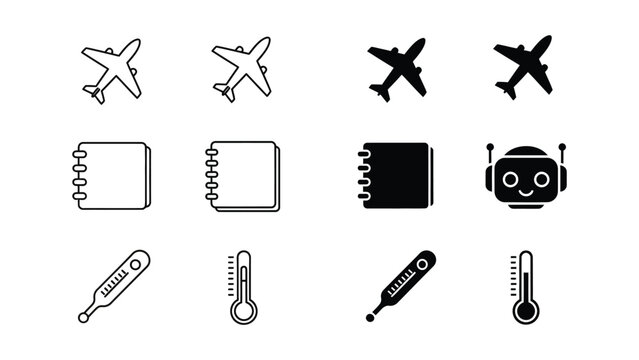 Collection of icons depicting travel, technology, and health elements