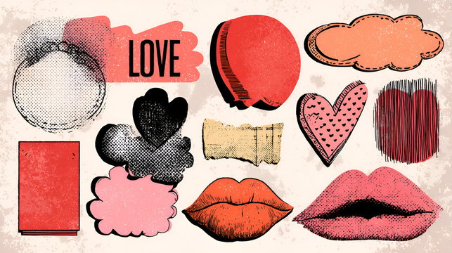 Love and Valentine's day halftone art collage cut outs set. Paper clipping shapes. Stickers with vintage dot texture and doodles for scrapbook. Modern retro grunge mixed media vector illustration 