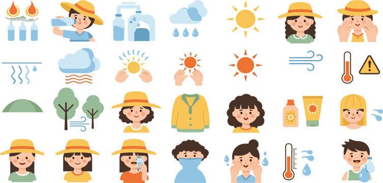 Summer heatwave safety vector set with people hydration sunscreen sun icons weather elements flat illustration collection