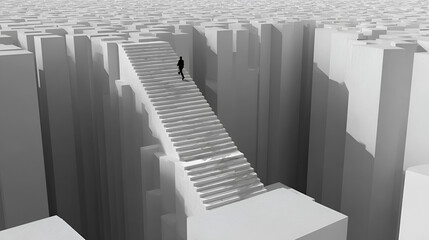 Fototapeta premium Man walking up a central staircase spanning a gap between pits representing strategic business stability and risk avoidance, 3d render Stock Illustration