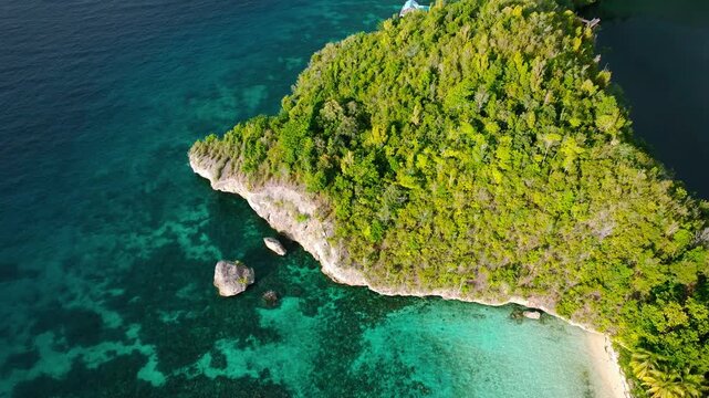 Tropical Coastal View of Karina Beach and Jelly Fish Lake | Drone Togean Island Indonesia