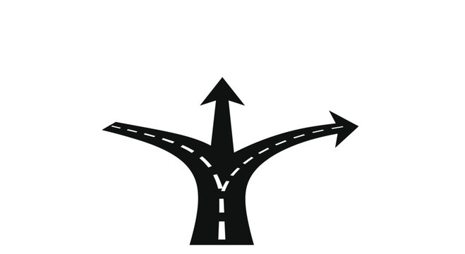 Clear graphic depicting a three-way road fork with arrows, symbolizing decision-making, alternative paths, choice, strategy, and diverging options.