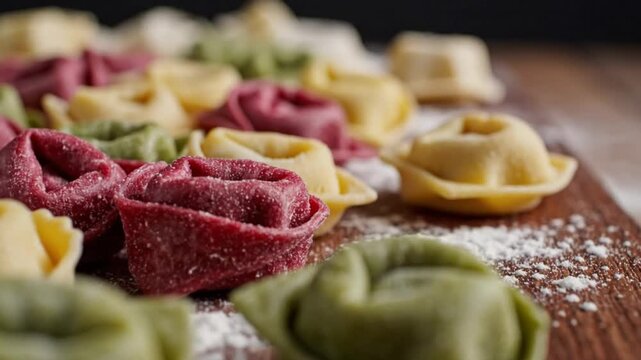 Close up view of fresh, colorful tortellini pasta on a wooden cutting board with flour