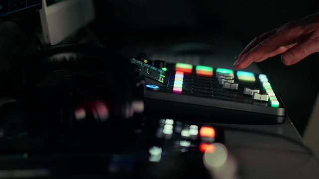 digital control panel professional live video switcher podcast production studio Producer operating electronic broadcast console switching camera signals workspace Creative media streaming process