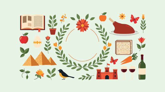 Jewish Passover seder symbols including a shank bone, matzah, wine glasses, pyramids, and floral elements on a light green background.