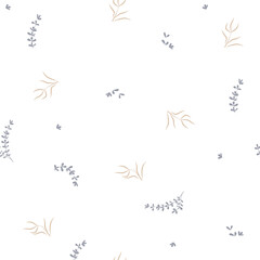 Obraz premium Twigs with leaves on a seamless pattern, hand-drawn. Vector illustration. Drawing of forest branches of trees and meadow grasses, isolated on a white background