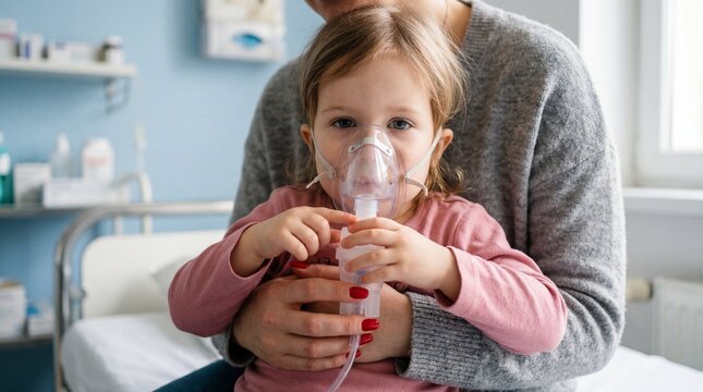Mother holding her little girl on her lap while the child uses a nebulizer mask in a clinic room. Child healthcare, respiratory treatment, family support.