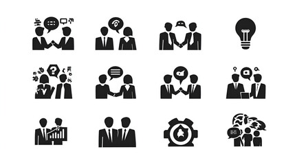 Fototapeta premium Modern teamwork collaboration solid icons. professional business meeting, partnership, management, leadership, brainstorming and leadership glyph symbols. editable vector Stock Vector