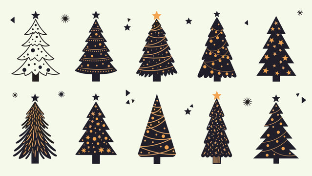 Collection of ten unique christmas tree designs with stars and ornaments in elegant black and gold colors on a light base.