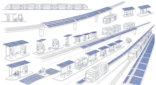 Solar City Transport Blueprint Vector &ndash; Blue Outline Urban Transit Vehicle Multiview Technical Drawing Smart Mobility Design Isolated