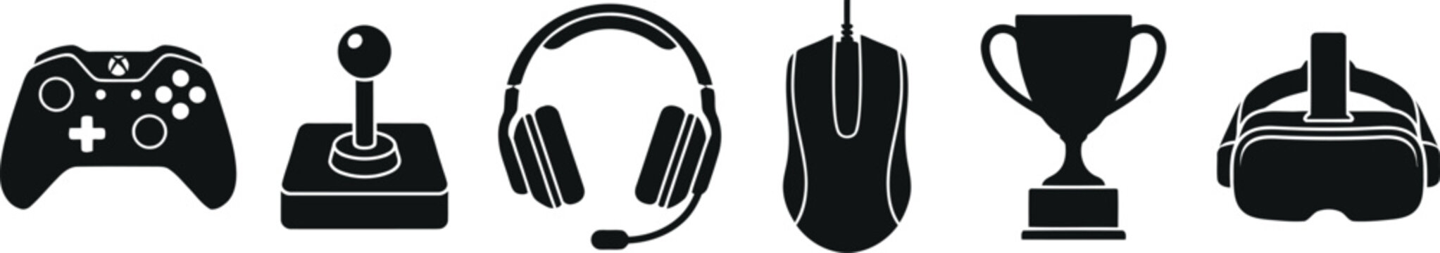 Collection of gaming accessories and virtual reality headset symbolizes digital entertainment and competition.