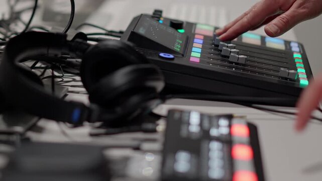 operating audio mixer recording studio headphones monitor equipment Sound engineer adjusting faders mixing console workplace Creative production process podcasting music broadcasting technology setup 
