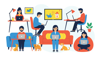 Plakat People working remotely on laptops from home sitting at desks on sofas and in bean bags with pets nearby.