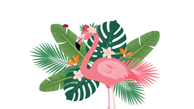 Beautiful pink flamingo wearing a flower crown surrounded by lush tropical monstera and palm leaves with exotic flowers.
