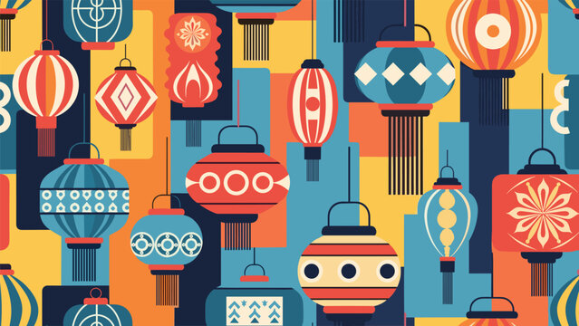Vibrant seamless pattern featuring a variety of colorful chinese lanterns in different shapes on a geometric background.
