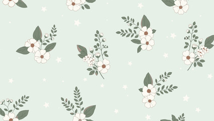 Obraz premium Delicate seamless floral pattern featuring bouquets of small white flowers with green leaves on a soft mint background.