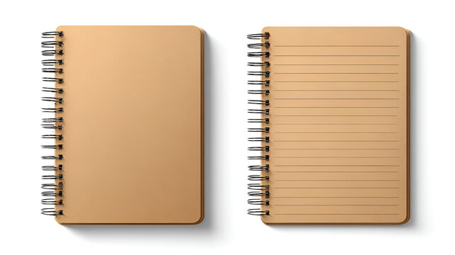Realistic kraft spiral notepad mockup. Front and inside pages with blank and lined paper isolated on white background or white background Stock Illustration