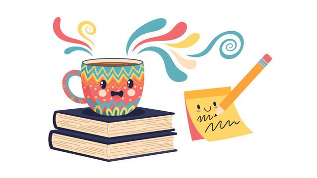 Whimsical illustration of a cheerful coffee cup resting on two books next to a smiling yellow notepad and pencil.