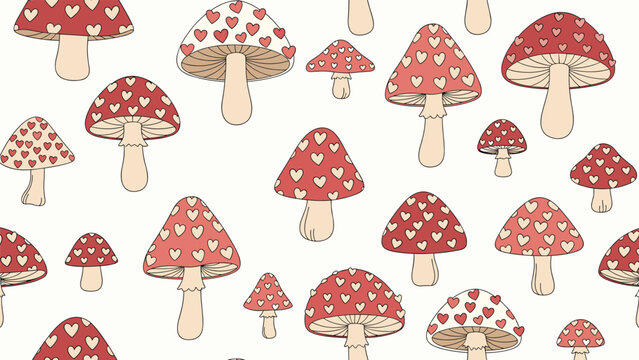 Whimsical seamless pattern showing many red mushrooms decorated with cute white heart patterns on a beige background.