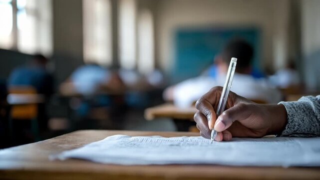 Medium shot of a single testtaker writing under exam conditions with the quiet reminder poster softly out of focus in the background.