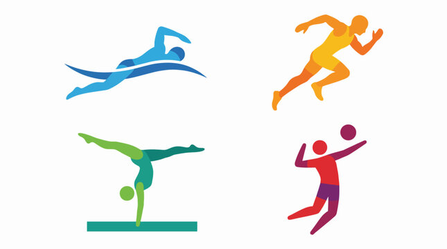 A vibrant and colorful collection of dynamic sports icons representing swimming, running, gymnastics, and volleyball, celebrating athleticism and movement.