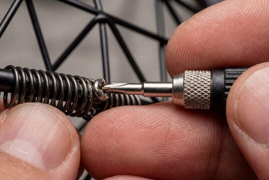 Macro view of male hands using small precision screwdriver to fix metal spring mechanism