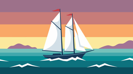 Naklejka premium A serene illustration of a sailboat gliding across tranquil waters set against a pastel sky, evoking feelings of peace, adventure, and nautical exploration.