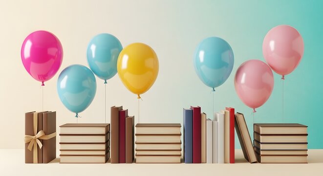 Stacks of books with colorful balloons floating above them