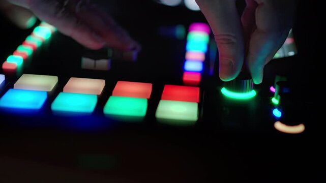 mixer glowing knob colorful buttons professional controller dark workspace Sound engineer operating electronic broadcasting equipment live streaming production Creative process mixing audio video