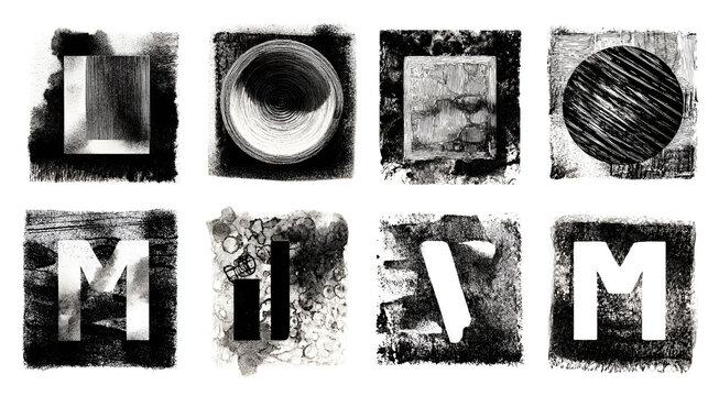 Set of grunge rolled ink stamp textures handmade with brayer. Eroded letterpress vintage rough square backgrounds. Linocut relief printing shapes vector illustration isolated Stock Vector