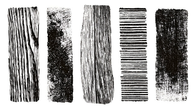 Set of grunge rolled ink stamp textures handmade with brayer. Eroded letterpress vintage rough square backgrounds. Linocut relief printing shapes vector illustration isolated Stock Vector