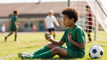 Fototapeta premium Young boy in a green sports uniform sitting on a soccer field holding his chest and using an asthma inhaler. Sports emergency, respiratory attack, child healthcare.