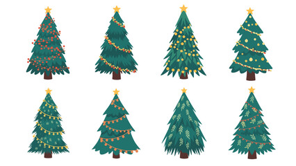 Obraz premium Collection of eight uniquely decorated Christmas trees with various ornaments, garlands, and stars on a white background.