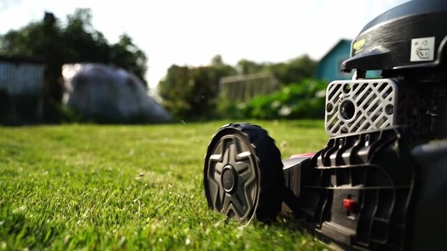 Black mower rests on vibrant green grass. Sunlight glints off the engine and wheels. Grass blades appear freshly cut and lush. Background shows blurred garden and structures