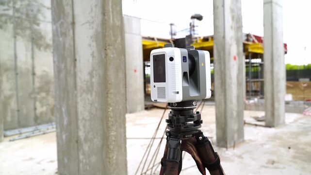 Surveying equipment mounted on tripod stands still. Concrete pillars frame a construction site. Equipment scans surroundings with precision. No people visible in this scene