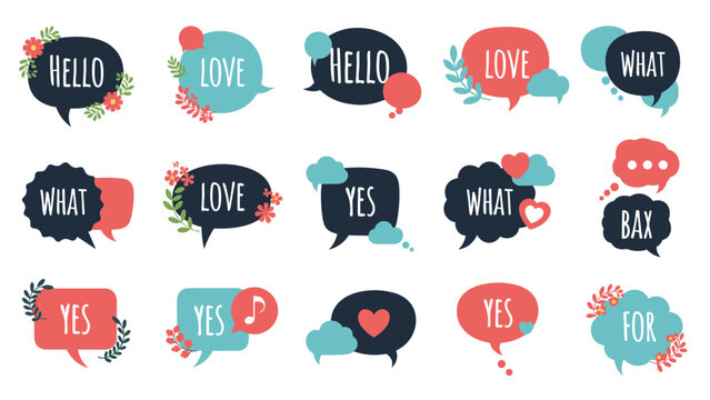 Collection of fifteen decorative speech bubbles containing words like hello, love, what, and yes with floral and heart accents.