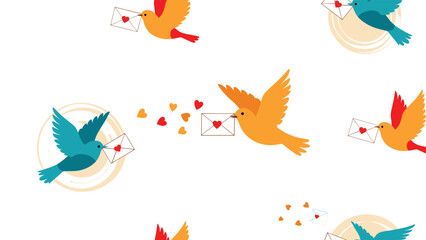 Fototapeta premium Romantic seamless pattern showing colorful birds in flight carrying love letter envelopes with heart symbols on a clean white background.