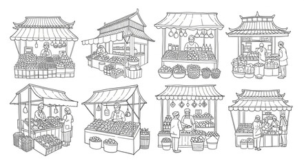 Obraz premium Collection of eight hand drawn market stalls with produce.