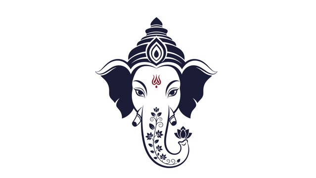 Detailed illustration of Lord Ganesha head in a dark blue silhouette style on a plain white background for religious or cultural themes.
