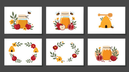 Obraz premium Set of six decorative cards featuring honey jars, beehives, bees, and pomegranate motifs surrounded by floral wreaths on white backgrounds.