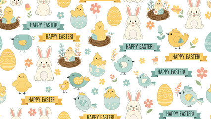 Fototapeta premium Cheerful seamless Easter pattern featuring cute chicks, bunnies, birds, and decorated eggs with Happy Easter banners on a white background.