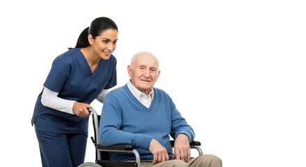 Fototapeta premium Smiling healthcare worker pushes elderly man in a wheelchair, both looking forward