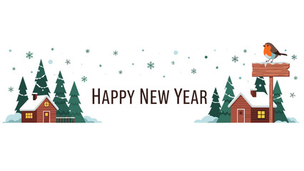 Obraz premium Happy New Year banner featuring cozy snow-covered houses, evergreen trees, and a robin bird perched on a wooden sign.