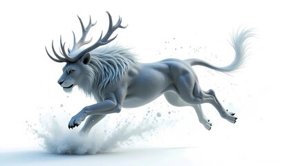 Fototapeta premium Majestic White Mythical Lion with Deer Antlers Running in Snow 
