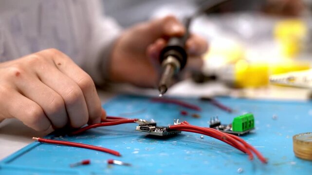 Hands hold soldering iron and wires. Focus is on precise electronic assembly. Blue mat holds tools and components. Work appears skilled and concentrated. Ideal for tech or DIY project visuals