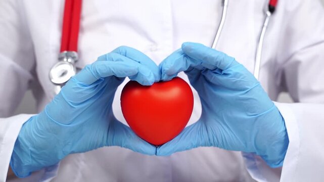 Doctor wears gloves, holds heart shape. Red heart sits center, symbolizing care. Stethoscope rests on white coat. Hands frame heart, showing compassion. Medical care theme, heart health focus
