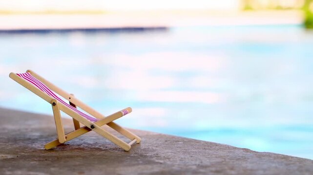 Tiny chair rests by tranquil poolside. Sunlight glows softly on the scene. Cool water reflects calm, serene moments. Perfect for vacation or relaxation imagery. No people, no animals