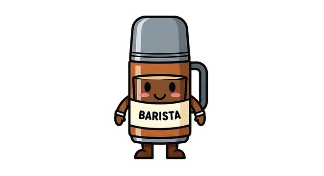 Cute Coffee Thermos with Barista Tag: An endearing, cartoon-style coffee thermos with a barista tag, radiating warmth and charm.