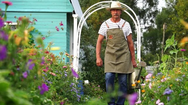 Man walks through vibrant garden. He wears hat and apron. Green wooden shed stands behind. Arched trellis frames the path. Colorful flowers surround him. Gardener appears calm and content